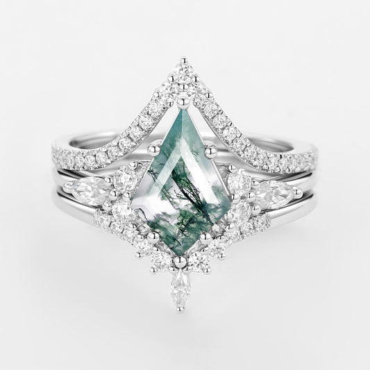 Kite Cut Green Moss Agate Engagement Ring Set 3pcs