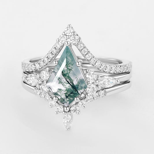 Kite Cut Green Moss Agate Engagement Ring Set 3pcs