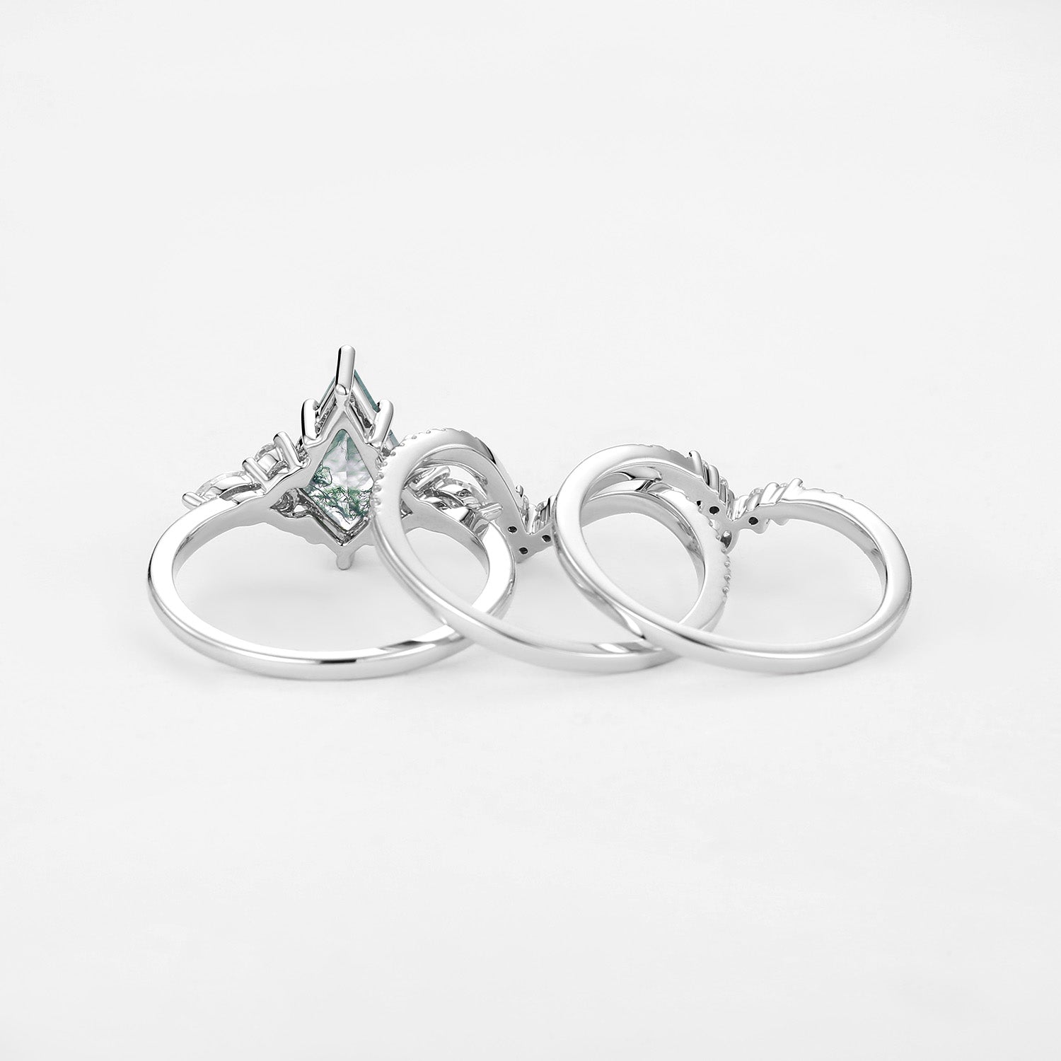 Kite Cut Green Moss Agate Engagement Ring Set 3pcs