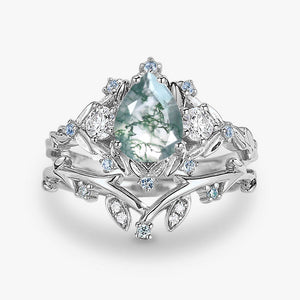 Pear Shaped Moss Agate & Blue Topaz Leafy Ring Set 2pcs