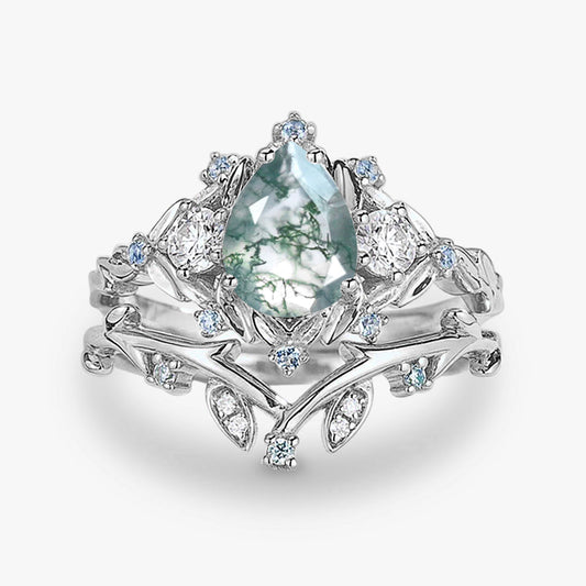 Pear Shaped Moss Agate & Blue Topaz Leafy Ring Set 2pcs