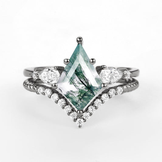 Black Gold Kite Moss Agate Three Stones Engagement Ring Set 2pcs