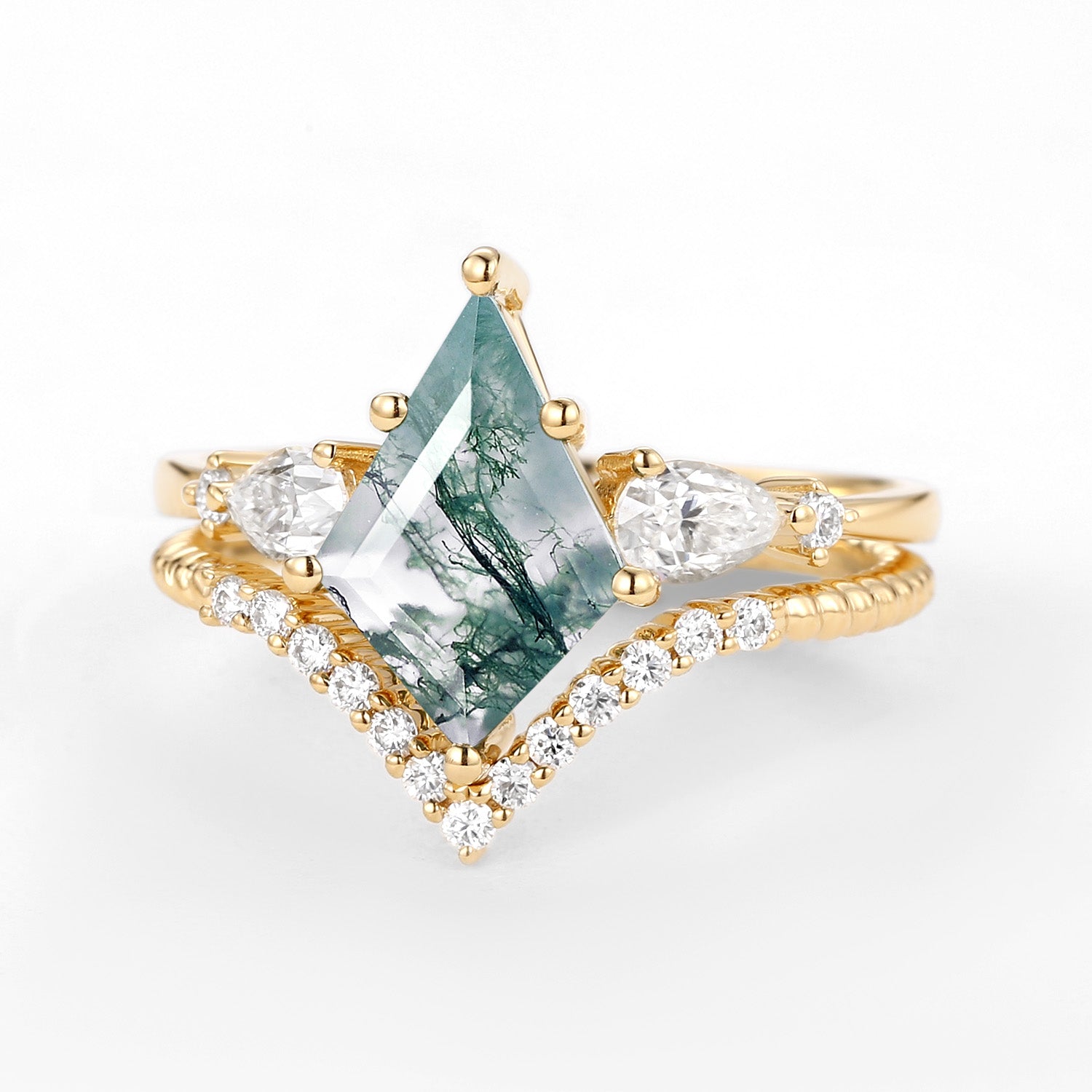Kite Moss Agate Three Stones Engagement Ring Set 2pcs - Delilah