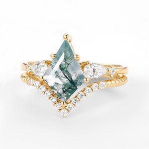 Kite Moss Agate Three Stones Engagement Ring Set 2pcs - Delilah