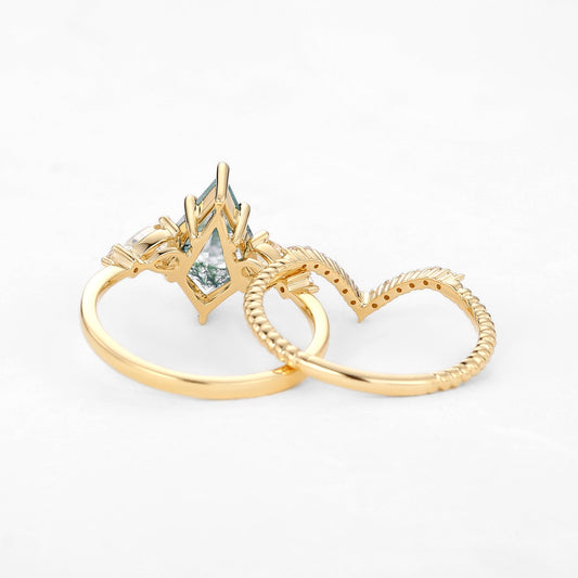 Kite Moss Agate Three Stones Engagement Ring Set 2pcs - Delilah