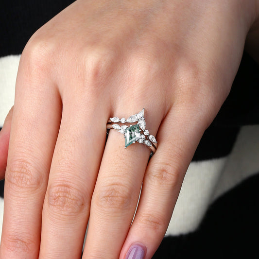 Moss Agate White Gold Engagement Ring Set 2pcs