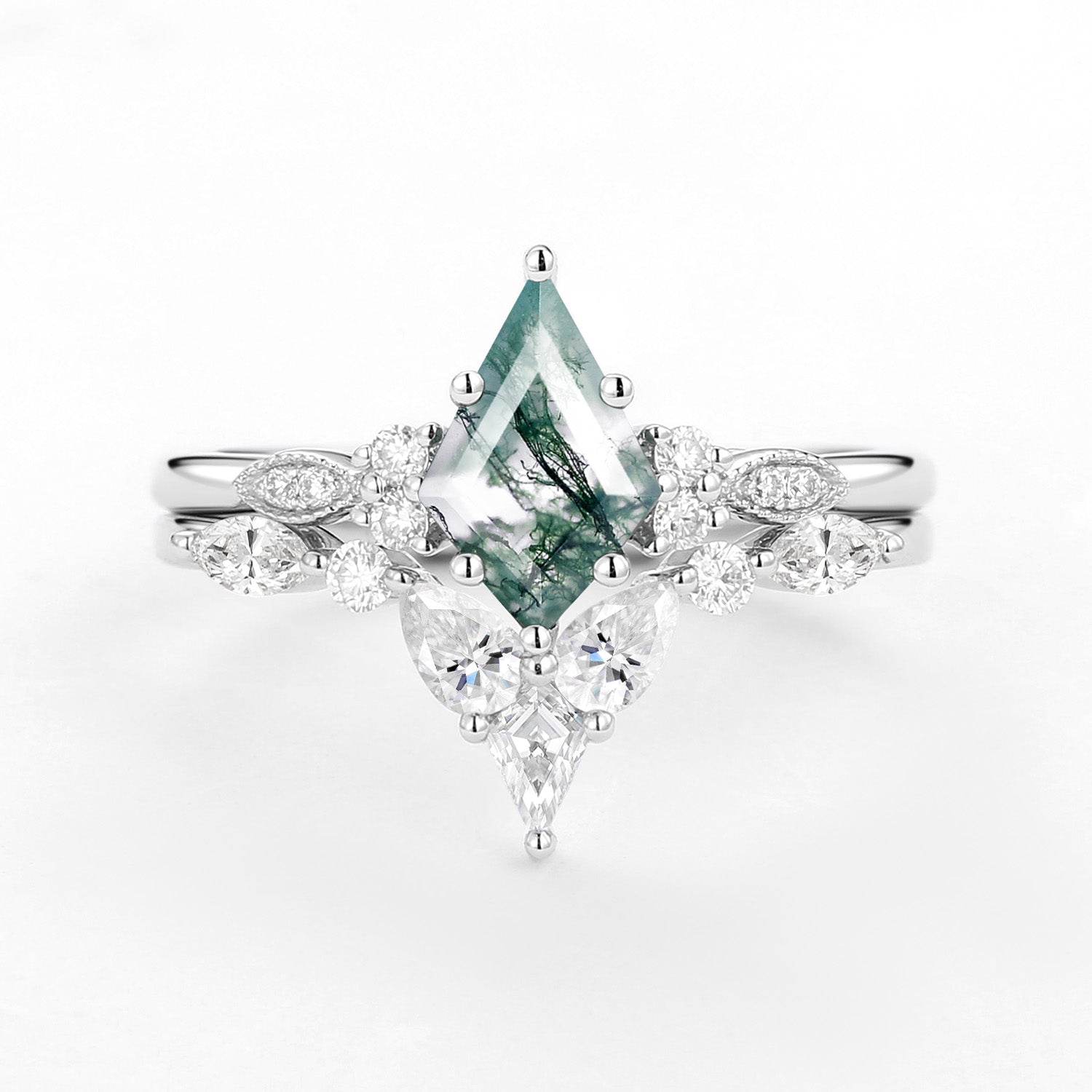 Moss Agate White Gold Engagement Ring Set 2pcs