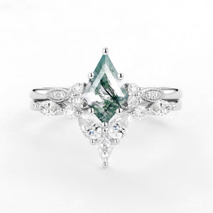 Moss Agate White Gold Engagement Ring Set 2pcs
