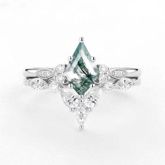 Moss Agate White Gold Engagement Ring Set 2pcs
