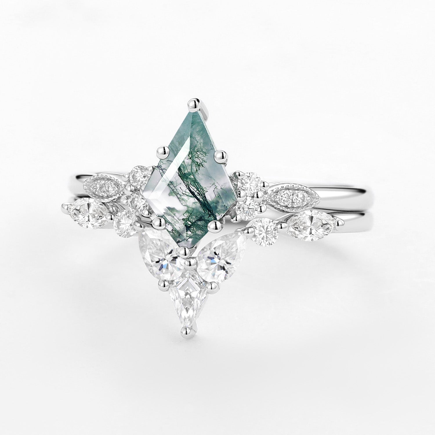 Moss Agate White Gold Engagement Ring Set 2pcs