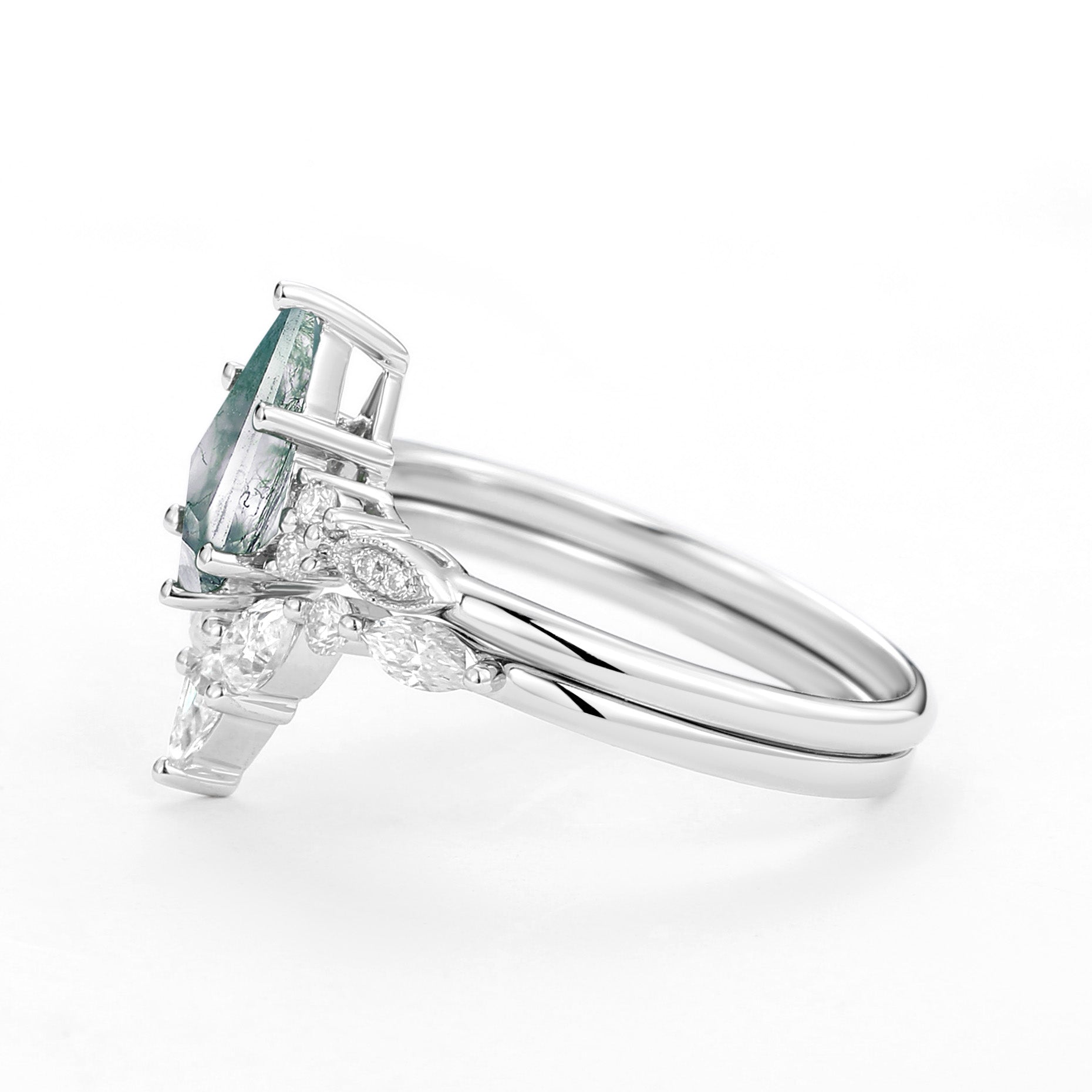 Moss Agate White Gold Engagement Ring Set 2pcs