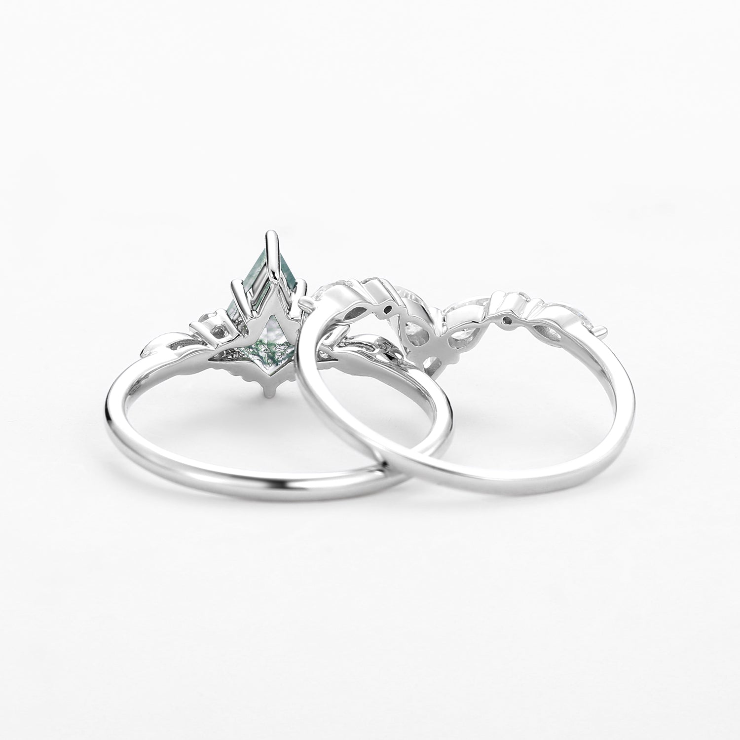 Moss Agate White Gold Engagement Ring Set 2pcs