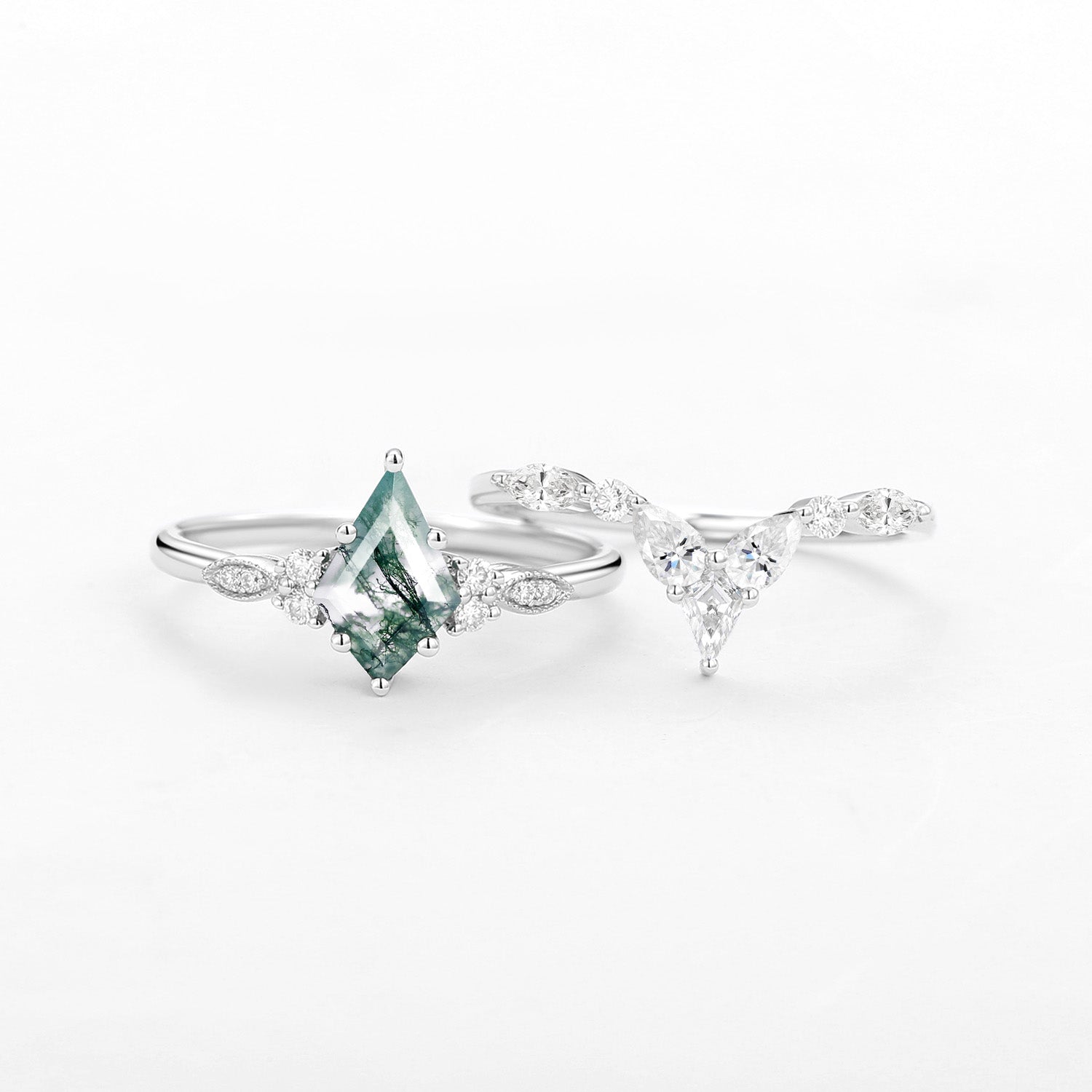 Moss Agate White Gold Engagement Ring Set 2pcs
