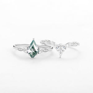 Moss Agate White Gold Engagement Ring Set 2pcs