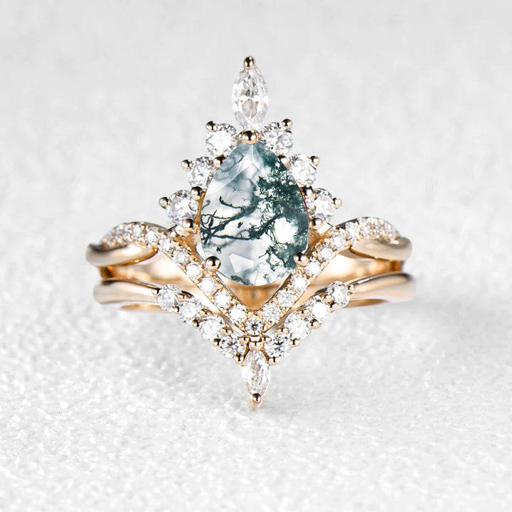 Pear Shaped Moss Agate Infinity Engagement Ring Set 2pcs