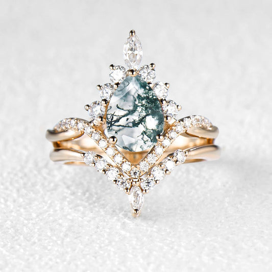 Pear Shaped Moss Agate Infinity Engagement Ring Set 2pcs