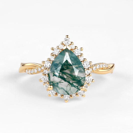 Unique Pear Shaped Moss Agate Infinity Engagement Ring