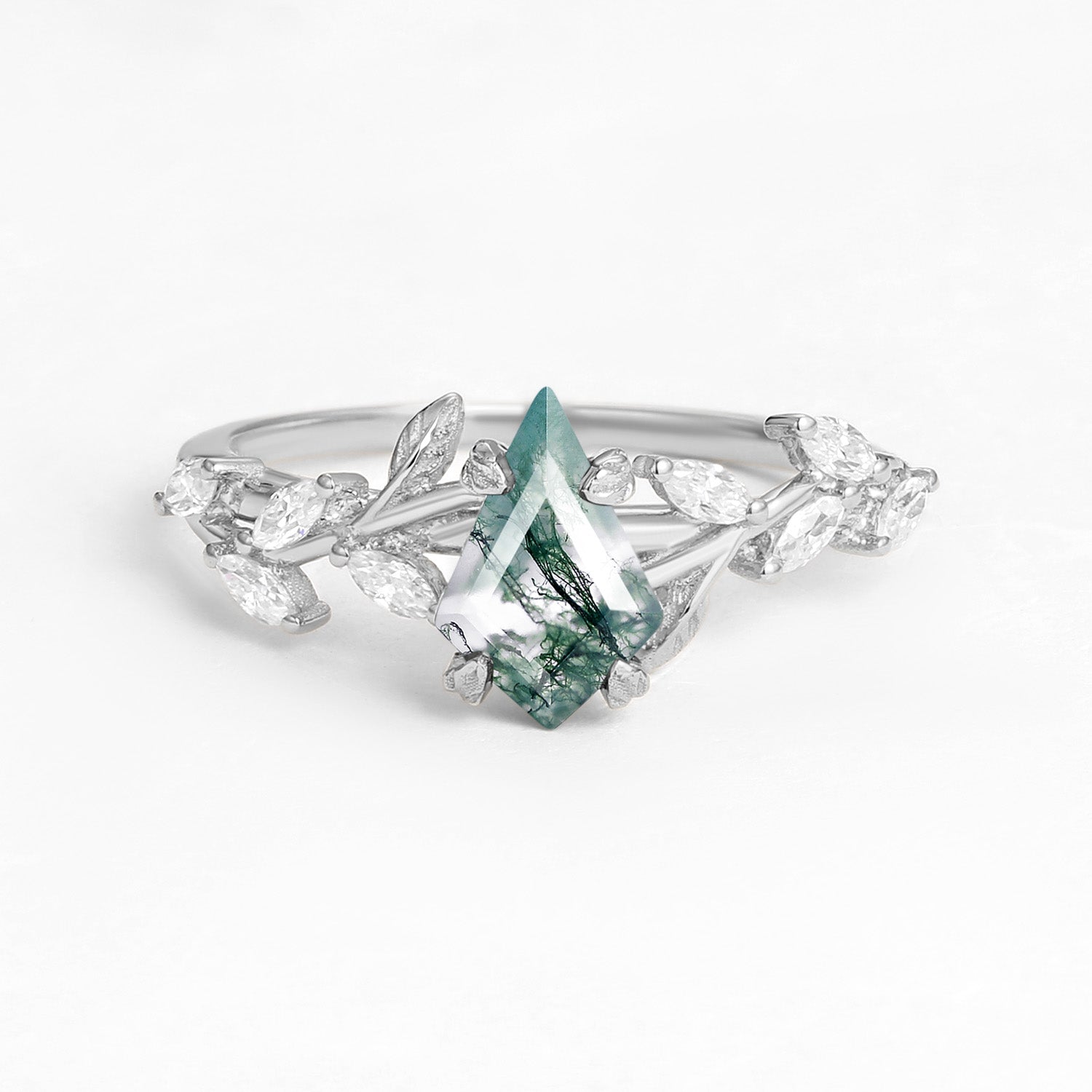 Dart Kite Cut Clear Moss Agate Leafy Gold Engagement Ring