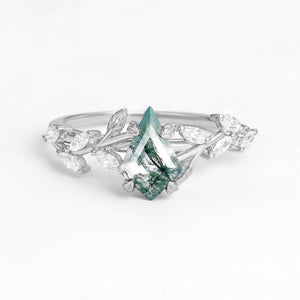 Dart Kite Cut Clear Moss Agate Leafy Gold Engagement Ring