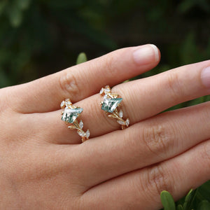 Dart Kite Cut Clear Moss Agate Leafy Gold Engagement Ring