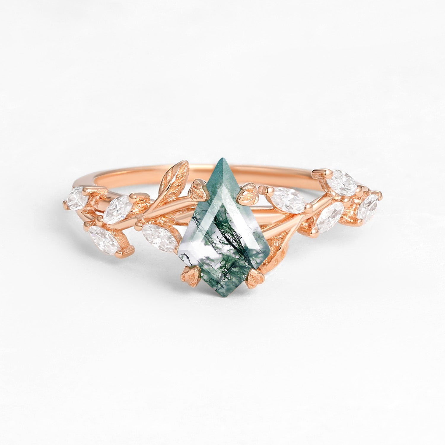 Dart Kite Cut Clear Moss Agate Leafy Gold Engagement Ring