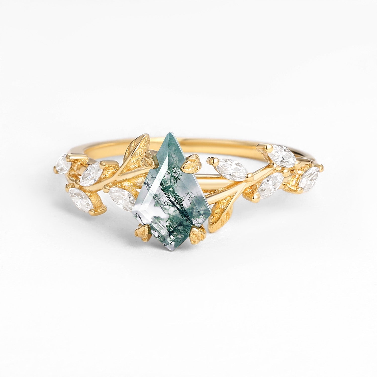 Dart Kite Cut Clear Moss Agate Leafy Gold Engagement Ring