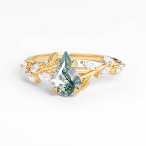 Dart Kite Cut Clear Moss Agate Leafy Gold Engagement Ring