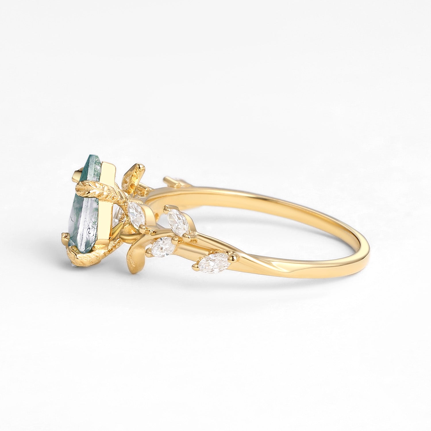 Dart Kite Cut Clear Moss Agate Leafy Gold Engagement Ring