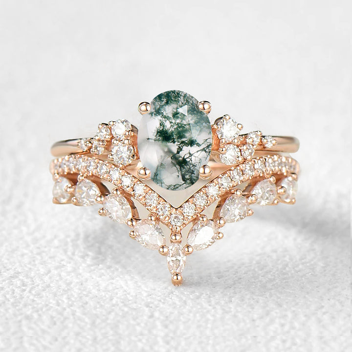 Gorgeous Oval Moss Agate Engagement Ring Set 2pcs