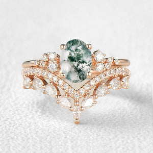 Gorgeous Oval Moss Agate Engagement Ring Set 2pcs