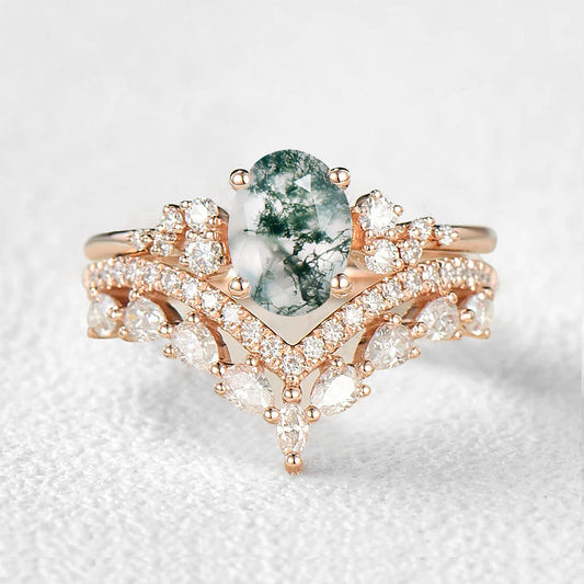 Gorgeous Oval Moss Agate Engagement Ring Set 2pcs