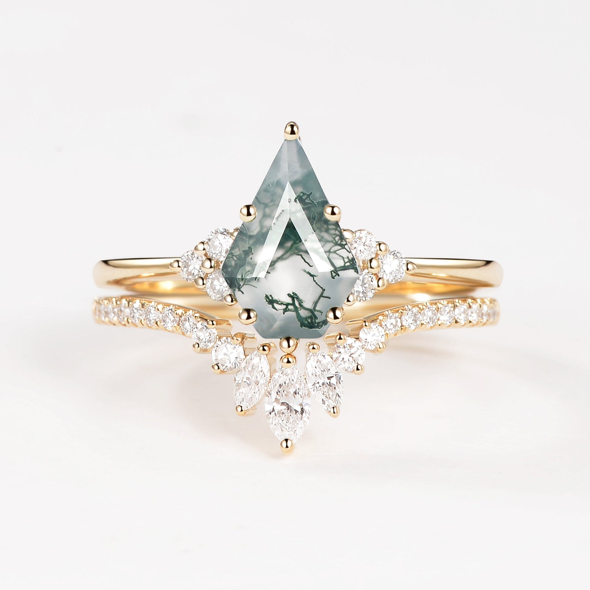 Pentagon Kite Cut Unique Moss Agate Engagement Ring Set 2pcs - Lydia