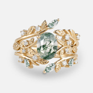 Leafy Oval Cut Moss Agate Engagement Ring Sets 2PCS