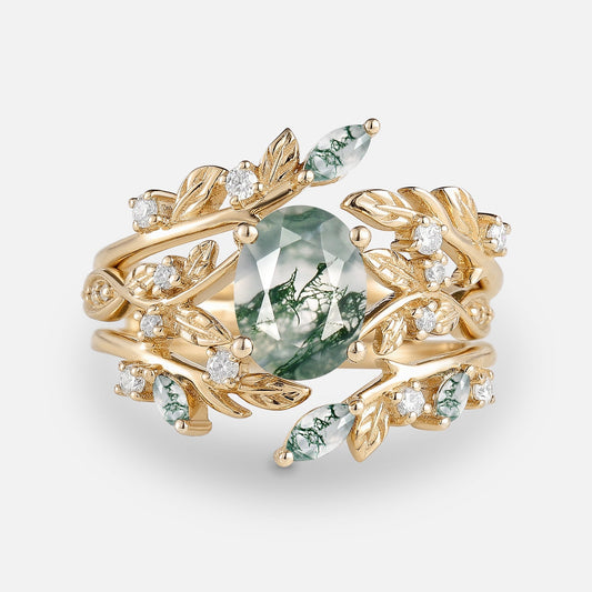 Leafy Oval Cut Moss Agate Engagement Ring Sets 2PCS
