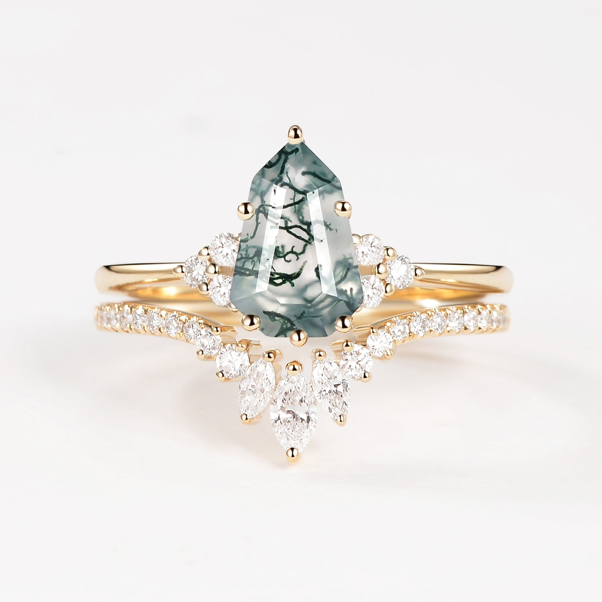 Pear-shaped Fancy Cut Moss Agate Engagement Ring Set 2pcs - Lydia