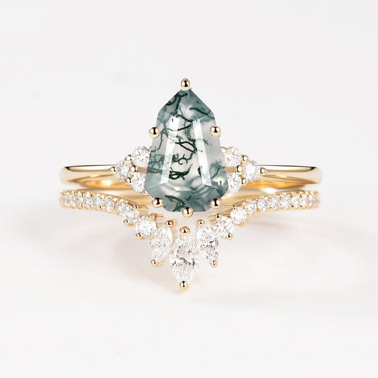 Pear-shaped Fancy Cut Moss Agate Engagement Ring Set 2pcs - Lydia