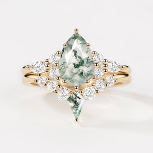 Twin Flames - Pear Cut Unique Moss Agate Engagement Ring Sets 2pcs - Zoey