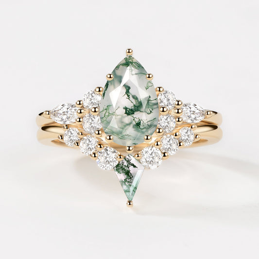 Twin Flames - Pear Cut Unique Moss Agate Engagement Ring Sets 2pcs - Zoey