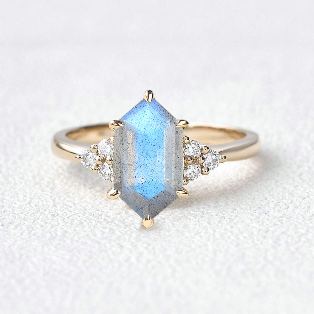 Vintage Hexagon Moss Agate 3 Stone Engagement Ring - Nova