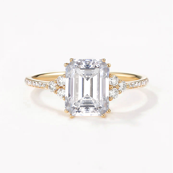Classic Emerald Cut Moss Agate & Moissanite Cluster Engagement Ring