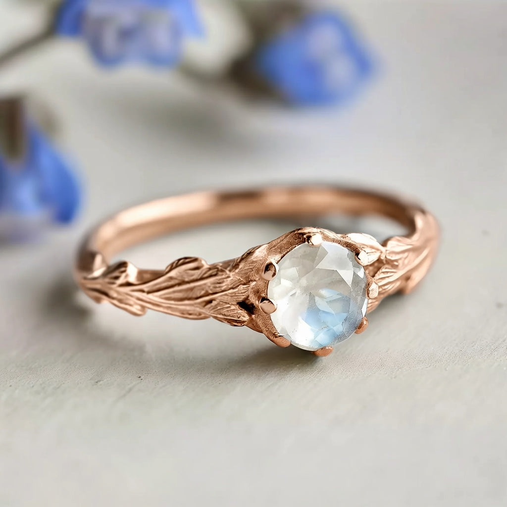 The Forest Wings – Athena‘s Olive Branch & Raw Moonstone Solitary Engagement Ring