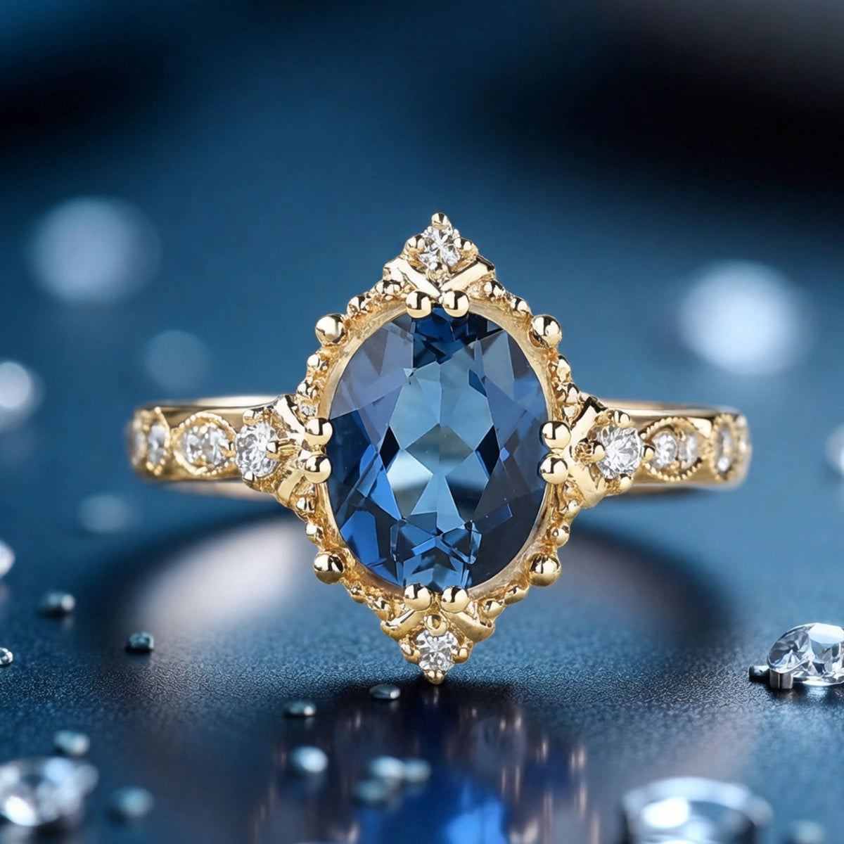 Vintage London Blue Topaz & Moissanite Art Deco Ring