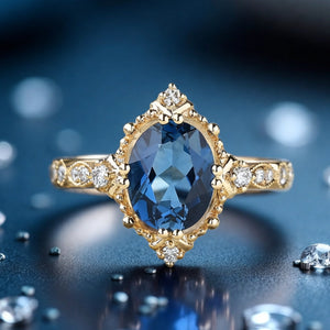 Vintage London Blue Topaz & Moissanite Art Deco Ring