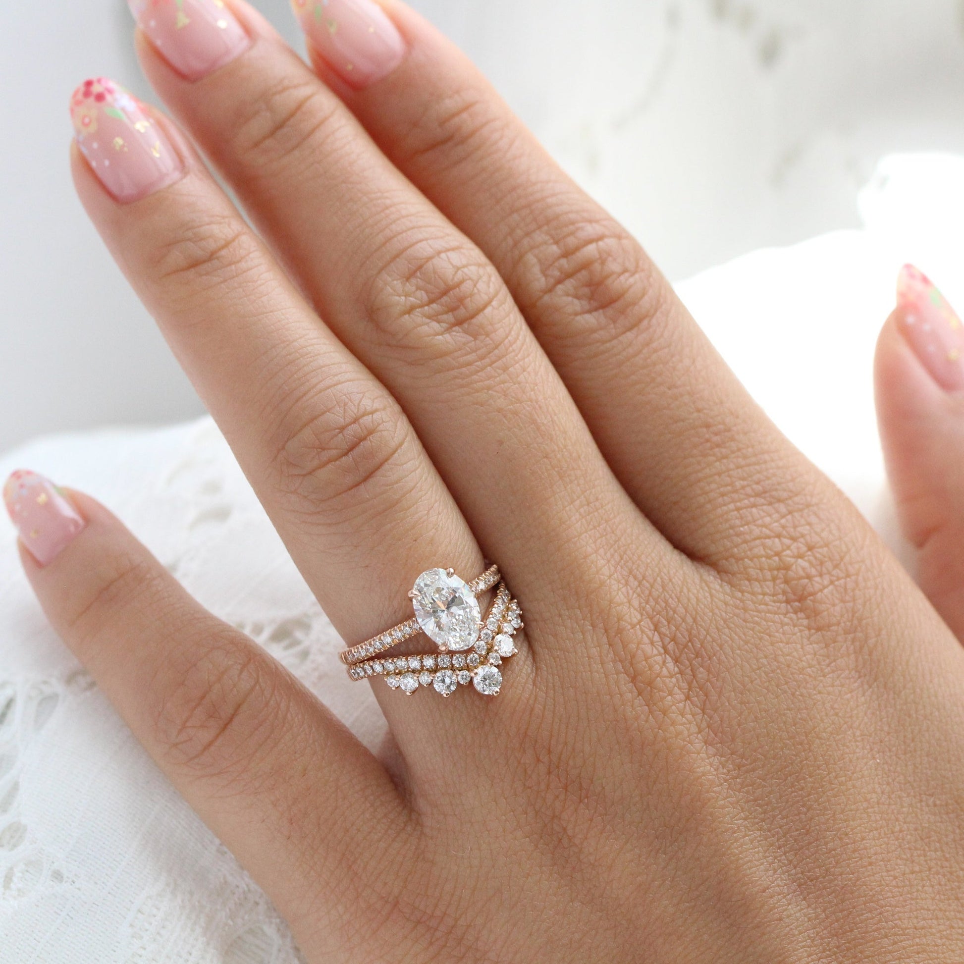 2.30 Ctw Oval Diamond Ring Set w/ Lab Diamond and Large Tiara Wedding Band