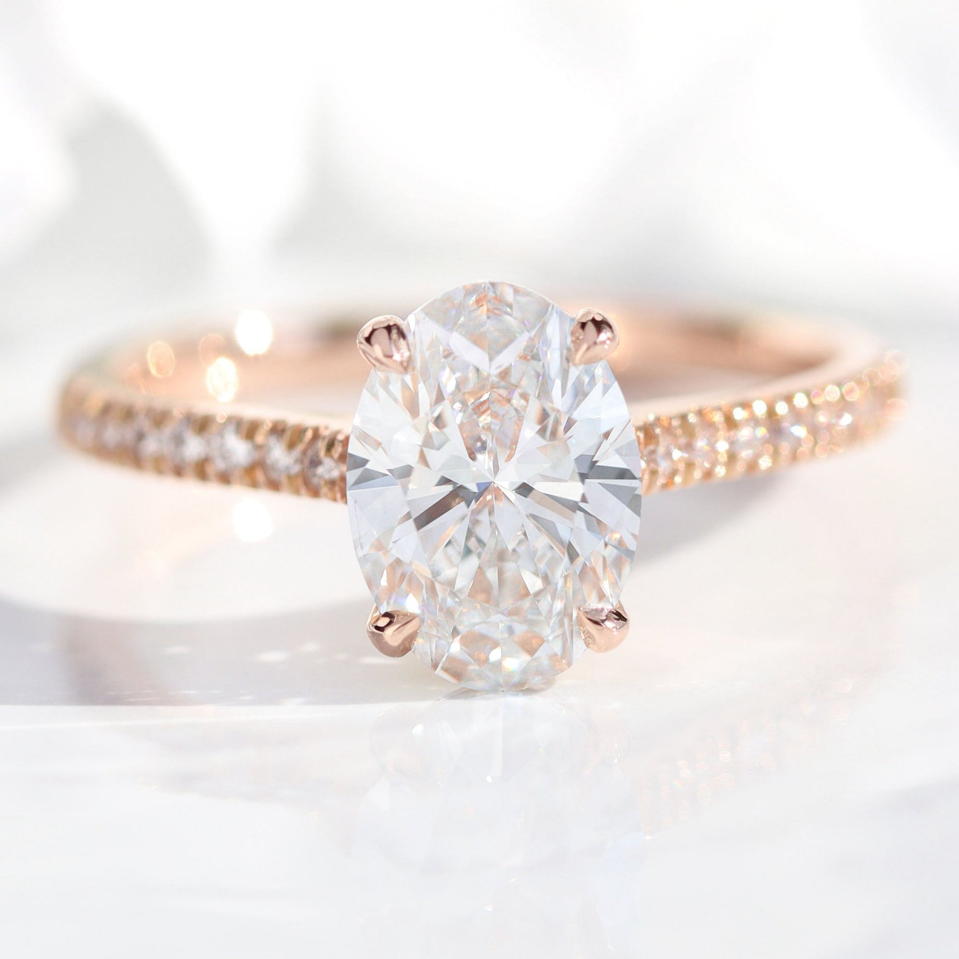 1.75 Ct. Oval Cut Lab Diamond Ring in 14k Rose Gold Pave Band, Size 6.25