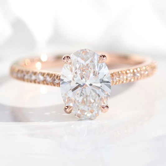 1.75 Ct. Oval Cut Lab Diamond Ring in 14k Rose Gold Pave Band, Size 6.25