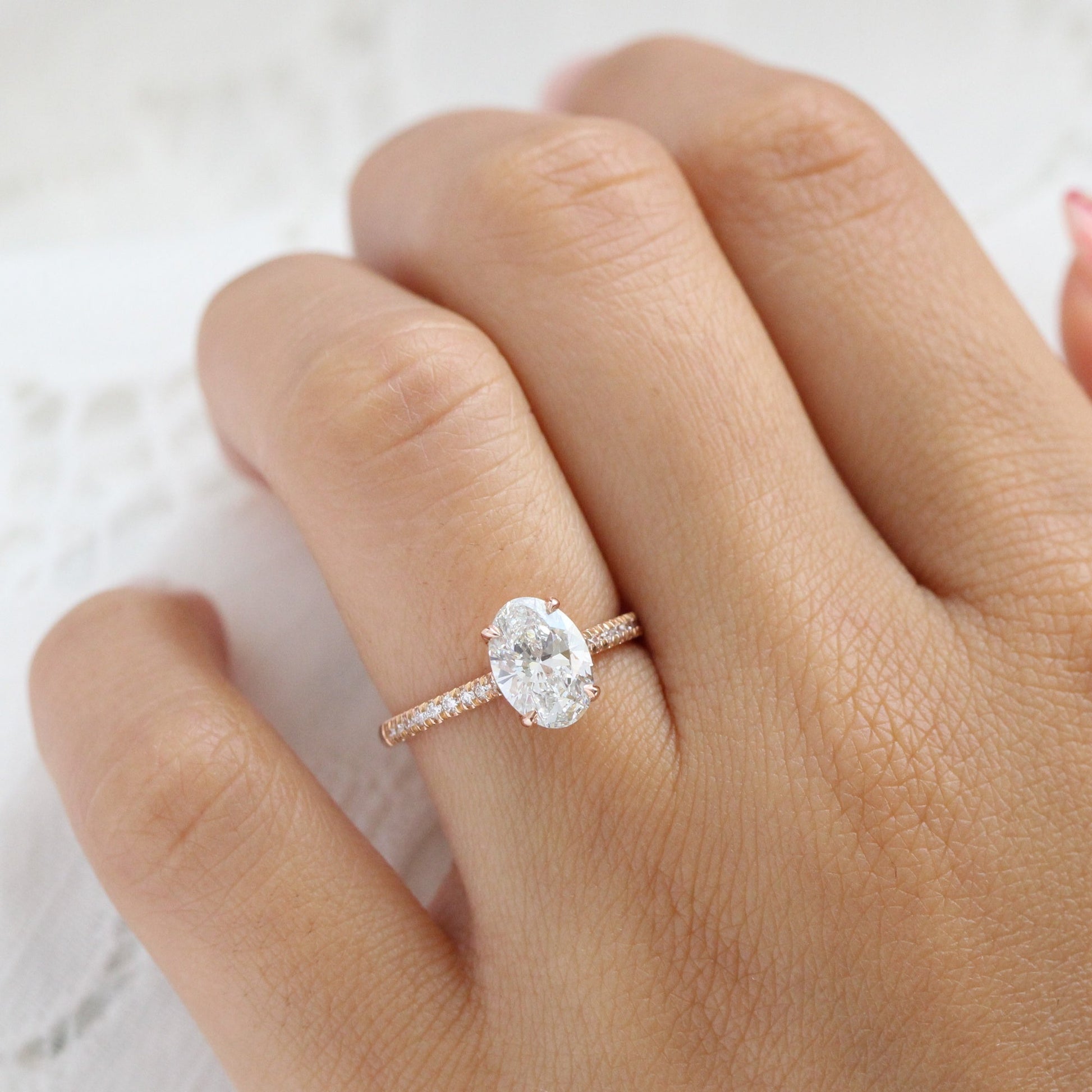 1.75 Ct. Oval Cut Lab Diamond Ring in 14k Rose Gold Pave Band, Size 6.25