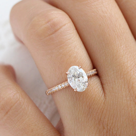 1.75 Ct. Oval Cut Lab Diamond Ring in 14k Rose Gold Pave Band, Size 6.25