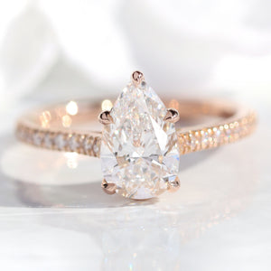 1.72 Ct. Pear Cut Lab Diamond Ring in 14k Rose Gold Pave Band, Size 6.25