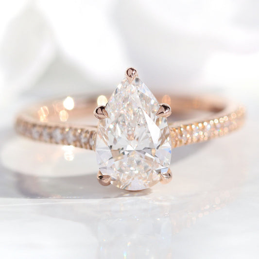1.72 Ct. Pear Cut Lab Diamond Ring in 14k Rose Gold Pave Band, Size 6.25